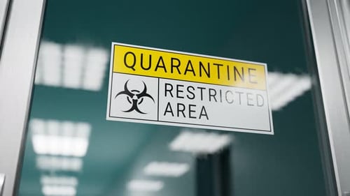 Quarantine sign on the glass door. A restricted area while an epidemic. 4K HD