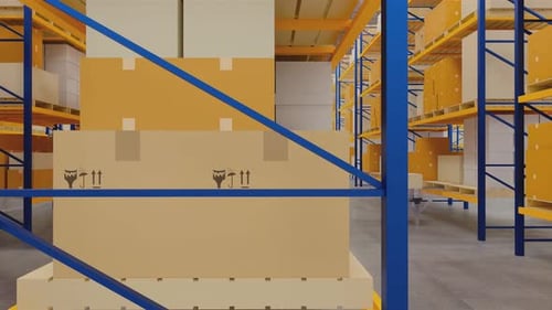 3D rendering.Warehouse with cardboard boxes inside on pallets racks.