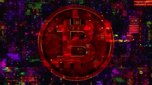 Animated Bitcoin Cryptocurrency Coin with Glitch Digital Noise Background