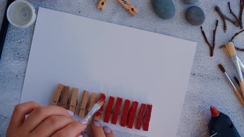 Making Diy Merry Christmas Deer on Greeting Card Postcard Made of Pebbles Sea Stones Clothespins and