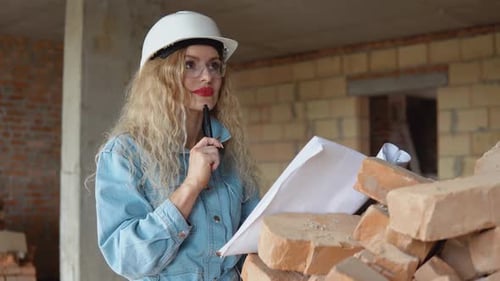 Architektin liest den architektonischen Plan für den Bau des Hauses und macht Spuren