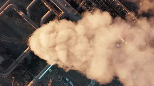 Industrial Plant Emitting Smoke Aerial Birds Eye View