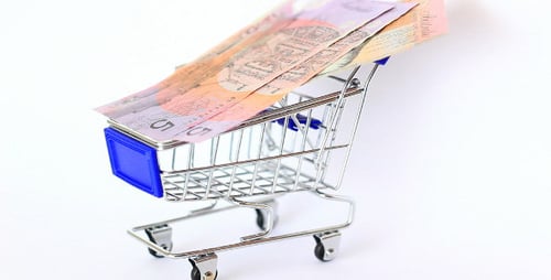 Mini Shopping Cart Filled with Dollar Bills