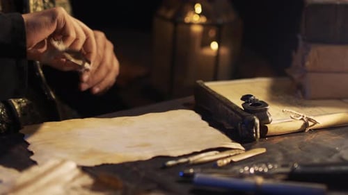 Writer Writes with Quill at Desk by Candlelight