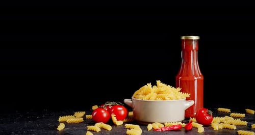 Trockene Nudel-Fusilli in Schüssel mit Tomatensauce dreht sich langsam.