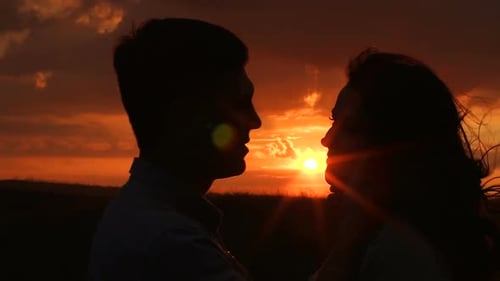 Silhouette of a Young Couple in Love at Sunset Against a Red Sky in a Field