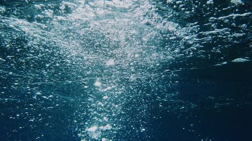 Air bubbles underwater in the ocean rising to surface, natural scene