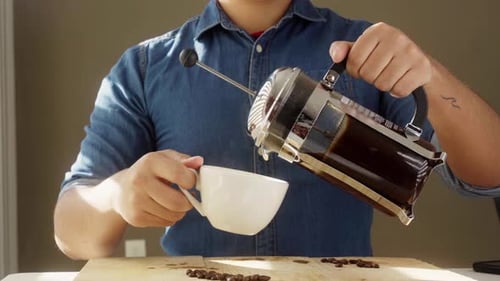 Pouring Coffee from French Press Into Mug