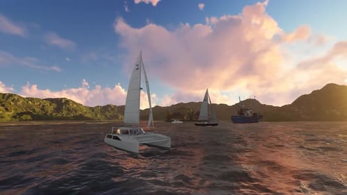 3D Catamaran Sailing at Sunset with Wavy Ocean and Mountains