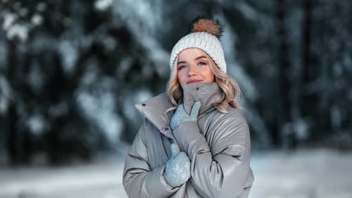 Portrait Happy Woman in Warm Hat and Jacket Posing at Winter Forest