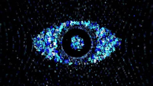 Futuristic Digital Eye Animation Formed by Glowing Code Symbols