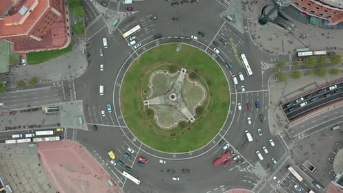 Aerial View. Roundabout From Above with Vehicles Circling