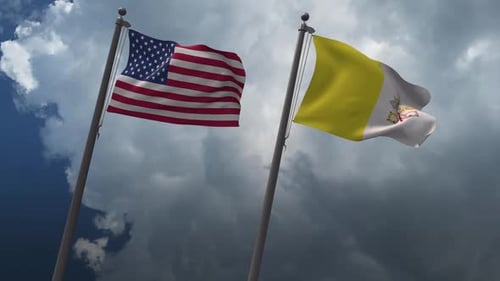 USA and Vatican City Flags Waving Against Cloudy Sky