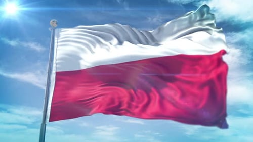 Realistic Poland Flag Waving Against Blue Sky