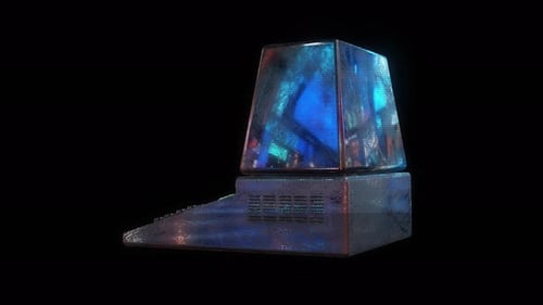 Rotating Retro Computer with Futuristic Neon Glitch