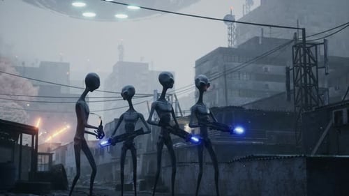Alien Invasion in Dystopian City with Futuristic Weapons and UFO