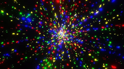 VJ Loop Motion : petites particules triangulaires rouges, bleues, vertes et jaunes pulsant avec des rayons provenant du