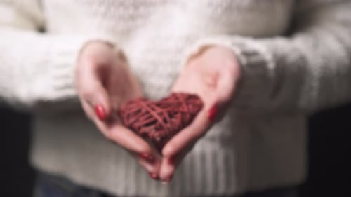 Close-up Female Hands Hold a Decorative Heart, Selective Focus.