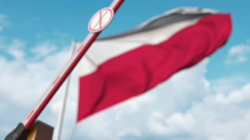 Poland Flag Waving Behind Coronavirus Restricted Barrier