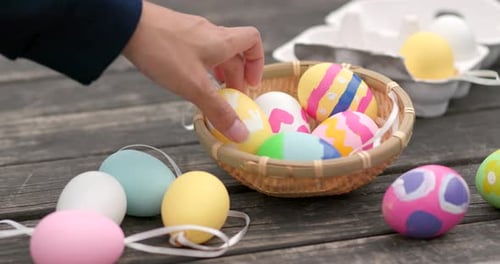 Decorated Easter Eggs in Basket Close Up