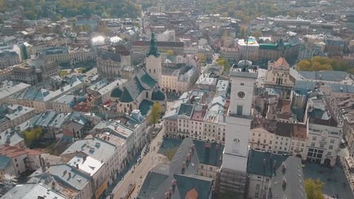 Aerial City Lviv, Ukraine. European City. Popular Areas of the City. Town Hall