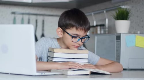Boy Studying with Books and Laptop at Home