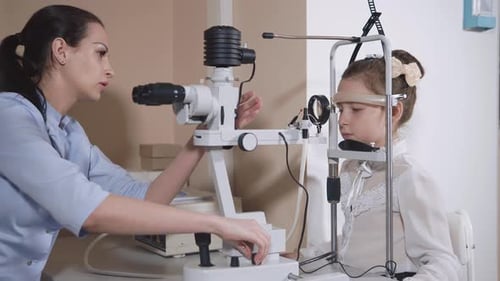 Child Eye Exam by Woman Doctor in Hospital