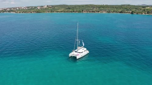 Drone Footage Aerial Top View of Catamaran Sailing in the Open Sea