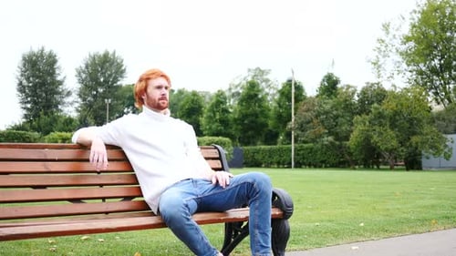 Man Sitting in Park on Bench, Red Hairs and Beard