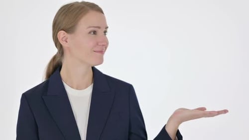 Smiling Woman Presenting on White Background