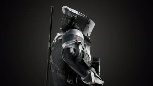 Soldat futuriste en armure d'acier avec le pistolet Cyber Punk