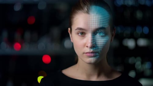 Nahaufnahme Attraktivitätsanalyse Gesichtsscan-Prozess Erforschung der Biometrie von Frauen