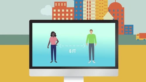 Animation de personnes sur un écran d'ordinateur portable, distanciation sociale avec les bâtiments et les routes derrière