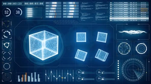 Blauer futuristischer Würfel mit Head-up-Display-Technologie, Bildschirm und futuristischen Elementen