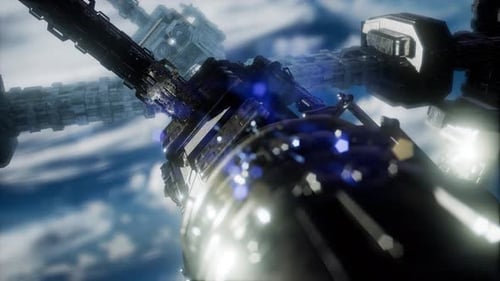 Futuristic Space Station Orbiting Earth with Blue Glow