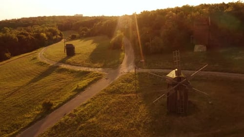 White Green Countryside Field with Mills and Trees