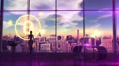 Futuristic Financial Data Display with Holographic Bitcoin and AI