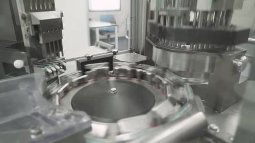 Production of Pharmaceuticals and Drugs Large Number of Capsules in Motion White Tablets on the