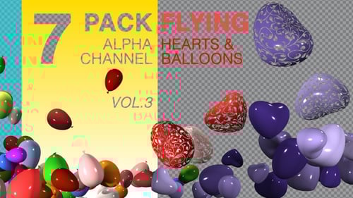 Flying 3D Hearts and Balloons Alpha Channel Overlays
