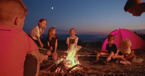Children Roasting Marshmallows Around Campfire at Night