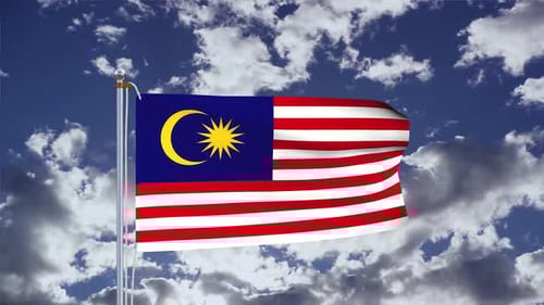 Malaysian Flag Waving Realistically Against Cloudy Blue Sky