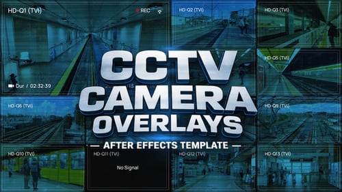 CCTV Security Camera Grid Display Interface Overlay with Glitch Effects
