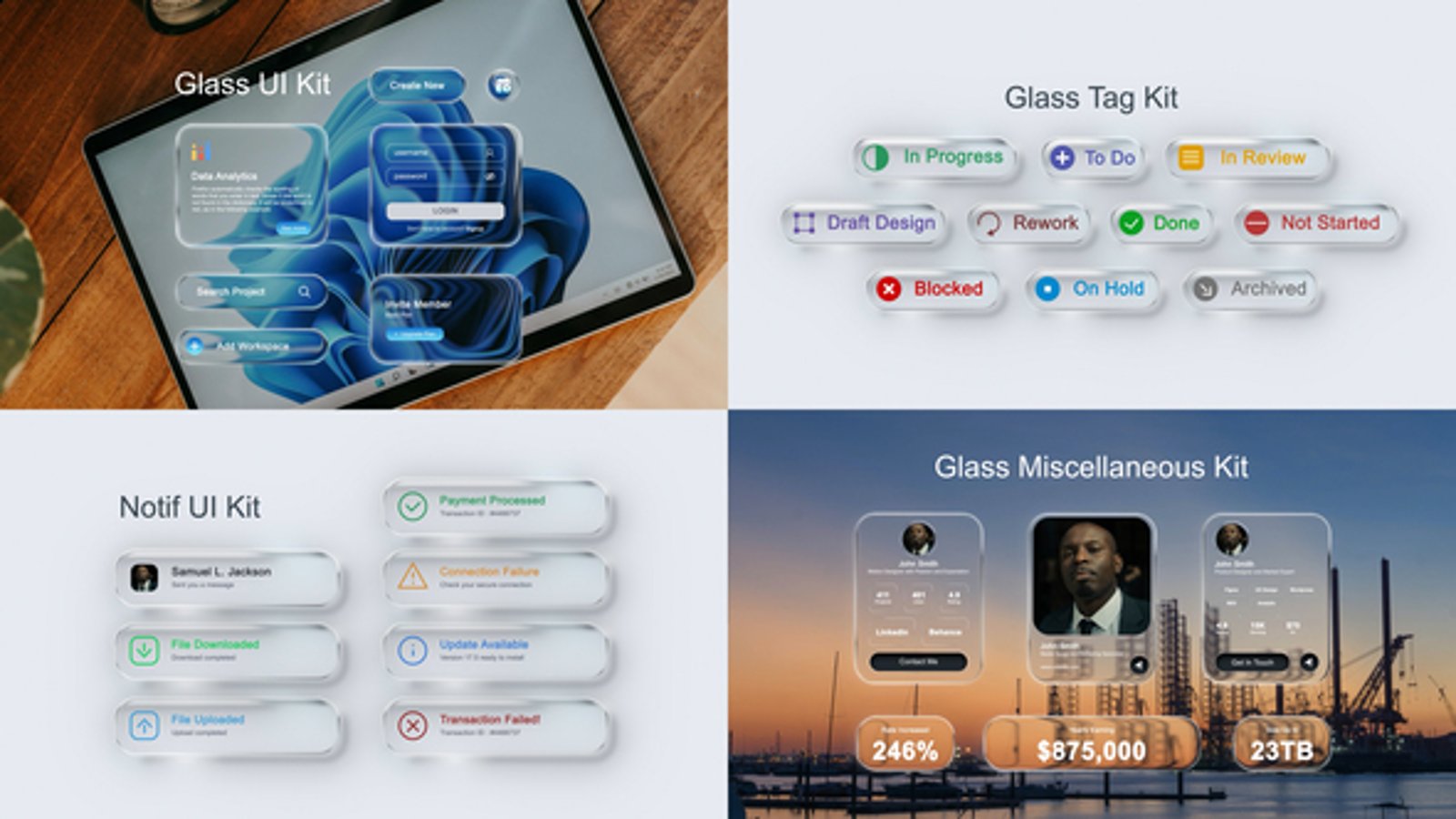 Animated Glass UI Kit Elements and Notifications, Elements ft ...