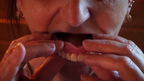 Woman Inserting False Teeth in Mouth Close Up