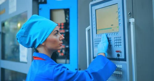 Woman Engineer Adjusts the Conveyor Machine