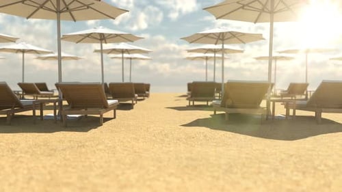 Empty Wooden Deck Chairs and Umbrellas on Beach