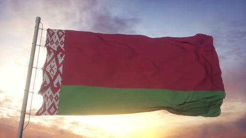 Belarus Flag Waving in Realistic Sunset Sky