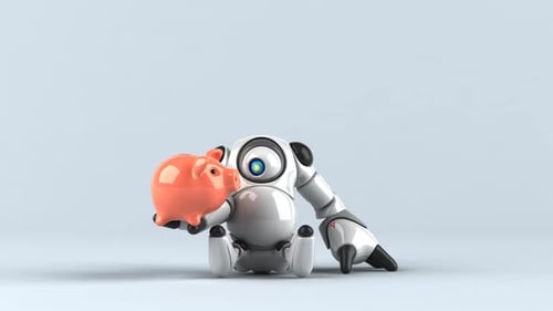 Lustiger Roboter mit einem Sparschwein