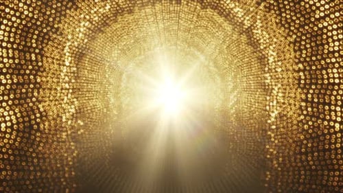 Golden Shimmering Tunnel of Lights Background with Bright Lens Flare