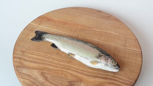 Fischen Sie die Forelle auf dem Küchenbrett